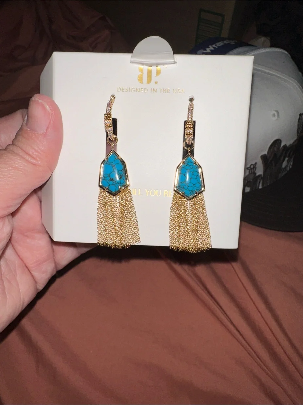 bp Gold Tassel Earrings with Turquoise Stones